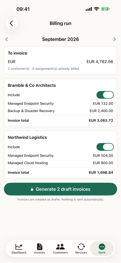 The billing run on iPhone: a period preview of exactly what will be billed for each customer.