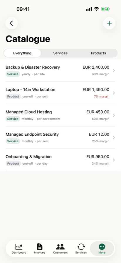 The catalogue on iPhone, listing one-off products and recurring services with their prices.