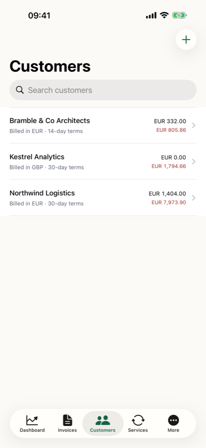 The customer list on iPhone, with each customer's currency and outstanding balance.