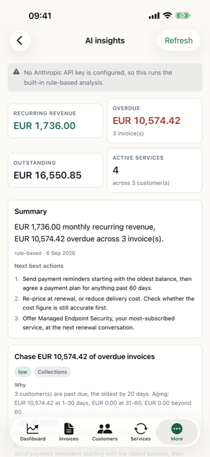 AI insights on iPhone: recurring revenue and overdue balances, with ranked recommendations.