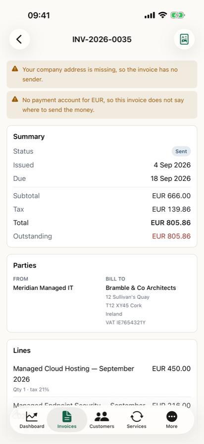A single invoice on iPhone, typeset as the A4 sheet the customer receives.