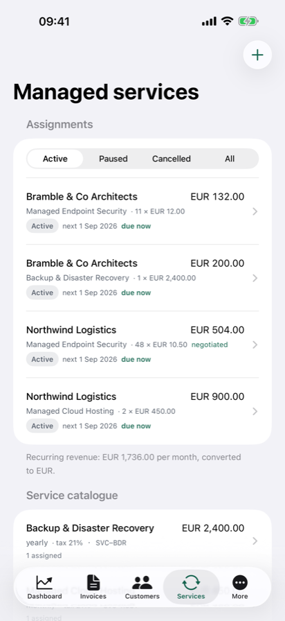 Managed service assignments on iPhone, showing what is billed to whom and how often.